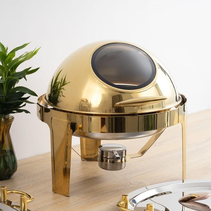 Executive Gold Round Roll Top Chafing Dish Set 6 Litre Stainless Steel with Stay Open Lid for Buffet Serving