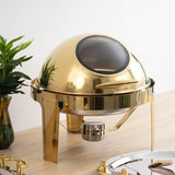 Executive Gold Round Roll Top Chafing Dish Set 6 Litre Stainless Steel with Stay Open Lid for Buffet Serving
