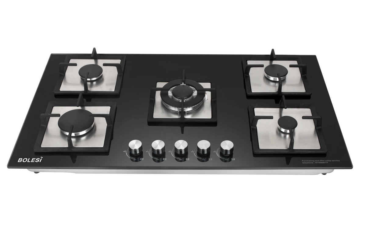 Bolesi HB-59002 Built-in Gas Hob 5 Burner Tempered Glass 90cm Kenya | Central Wok Burner, Flame Failure Safety, Pulse Ignition, Black Glass