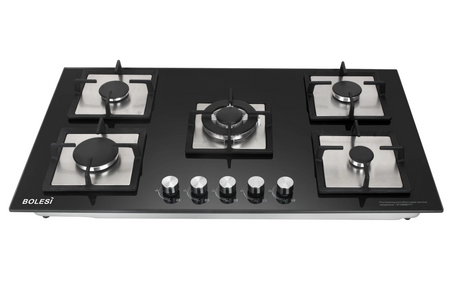 Bolesi HB-59002 Built-in Gas Hob 5 Burner Tempered Glass 90cm Kenya | Central Wok Burner, Flame Failure Safety, Pulse Ignition, Black Glass