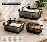 Bathlux 3-Piece Metal Mesh Storage Basket Set with Wooden Handles, Bathroom & Kitchen Organisers
