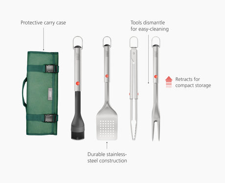 The complete Joseph Joseph GrillOut 4-piece BBQ utensil set with case, ready for the grill.