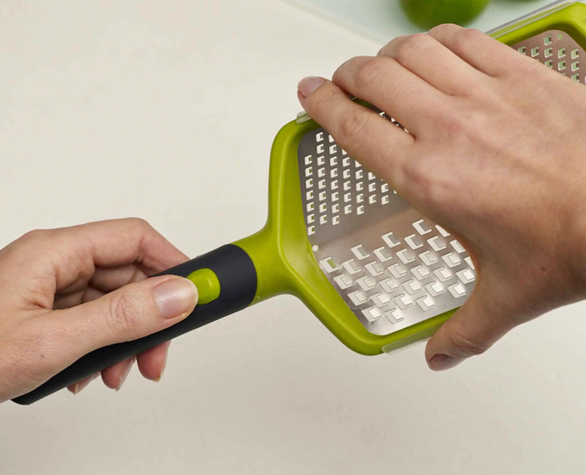 Close-up of the coarse blade surface on the green Twist Grater.