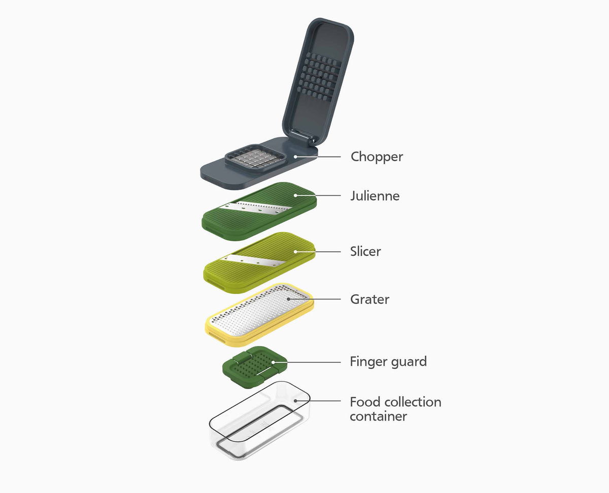 Joseph Joseph Multi-prep Compact showing the four interchangeable blades, container base and finger guard