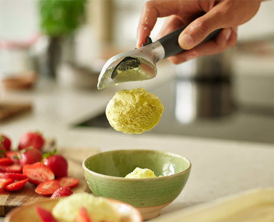 Joseph Joseph Elevate ice cream scoop resting on a counter with the head lifted, Homelux Kenya