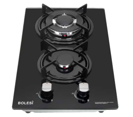 Bolesi H29-203B Built-in Gas Hob 2 Burner Tempered Glass Kenya | 30cm Domino, Battery Pulse Ignition, Enamel Pan Supports, LPG