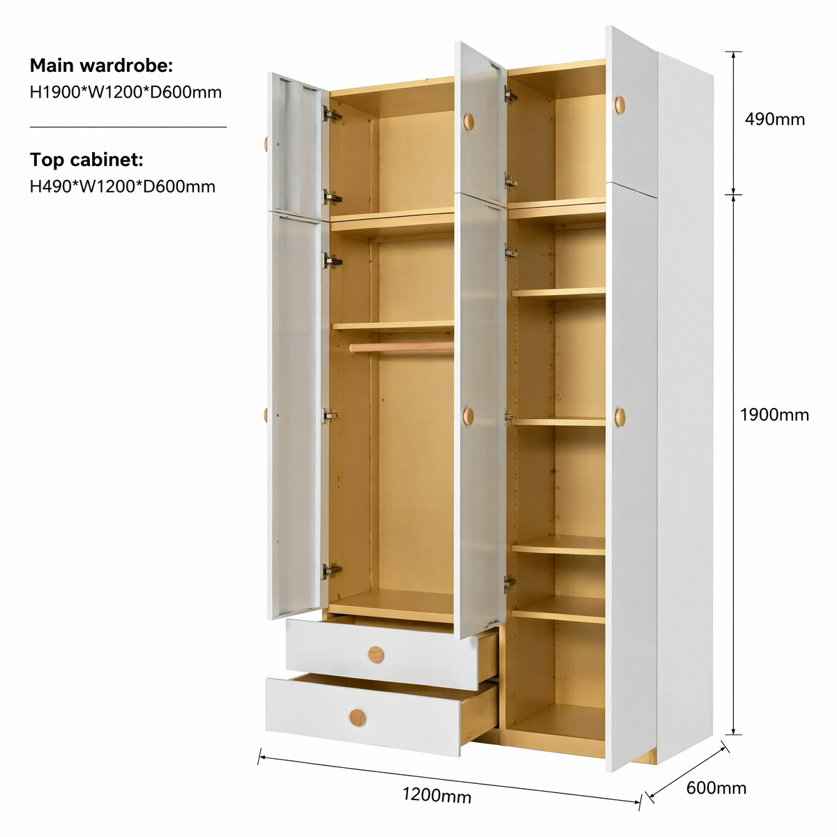 Steel Wardrobe 3 Door 120cm with 2 Drawers, Wood Effect Sides | Metal Wardrobe with Round Knobs, Optional Top Cabinet