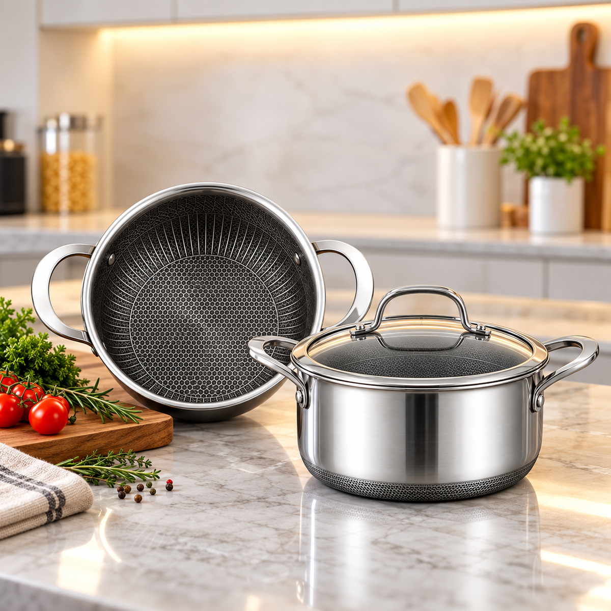 UccLife Triply Stainless Steel Casserole Pot with Glass Lid, 18cm to 28cm, Honeycomb Non Stick Sufuria, Induction and Oven Safe