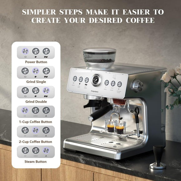 Empstorm® EM-21M Espresso Coffee Machine with Grinder | 20 Bar Semi-Automatic