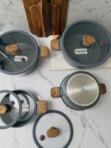 MGC Crocodile grey casseroles with lids off showing the ceramic interior