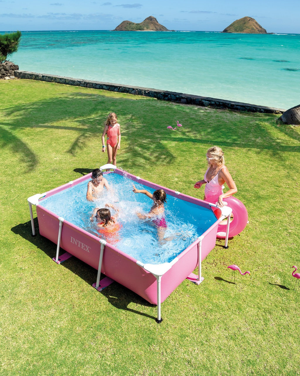 Intex Rectangular Metal Frame Above Ground Swimming Pool 213cm x 152cm x 58cm Pink