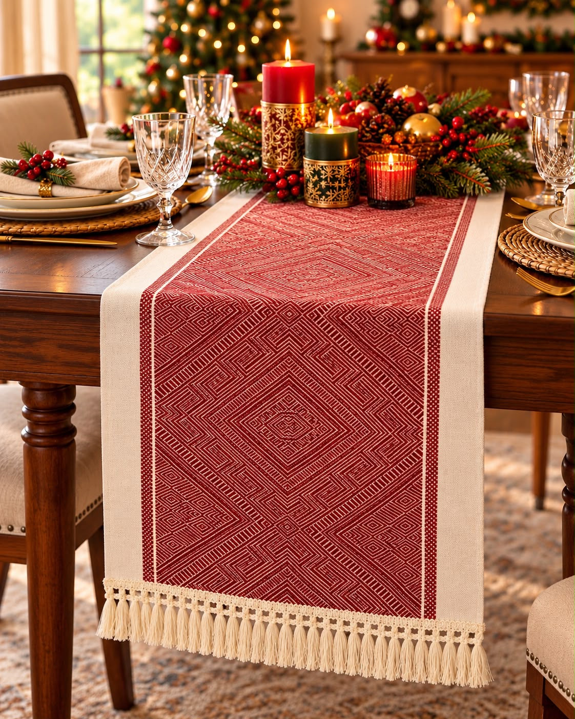 Christmas Table Runner 240cm, Red and Cream with Tassel Fringe | Knitted Reindeer or Geometric Pattern, Festive Dining Table Runner for 6 to 8 Seater