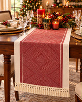 Christmas Table Runner 240cm, Red and Cream with Tassel Fringe | Knitted Reindeer or Geometric Pattern, Festive Dining Table Runner for 6 to 8 Seater
