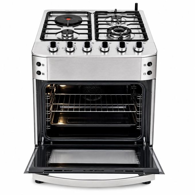 Gnix G600 S02 Standing Gas Cooker 60x60cm Silver Kenya | 3 Gas Burners, Wok Burner, Electric Hotplate, Electric Oven with Rotisserie