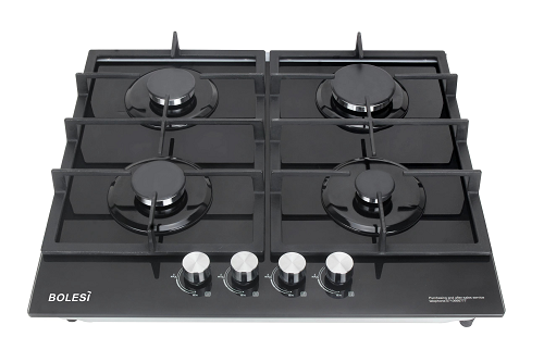 Bolesi H59-4006B Built-in Gas Hob 4 Burner Tempered Glass 60cm Kenya | Cast Iron Pan Supports, Auto Ignition, Flame Failure Safety, Black Glass