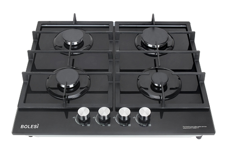 Bolesi H59-4006B Built-in Gas Hob 4 Burner Tempered Glass 60cm Kenya | Cast Iron Pan Supports, Auto Ignition, Flame Failure Safety, Black Glass