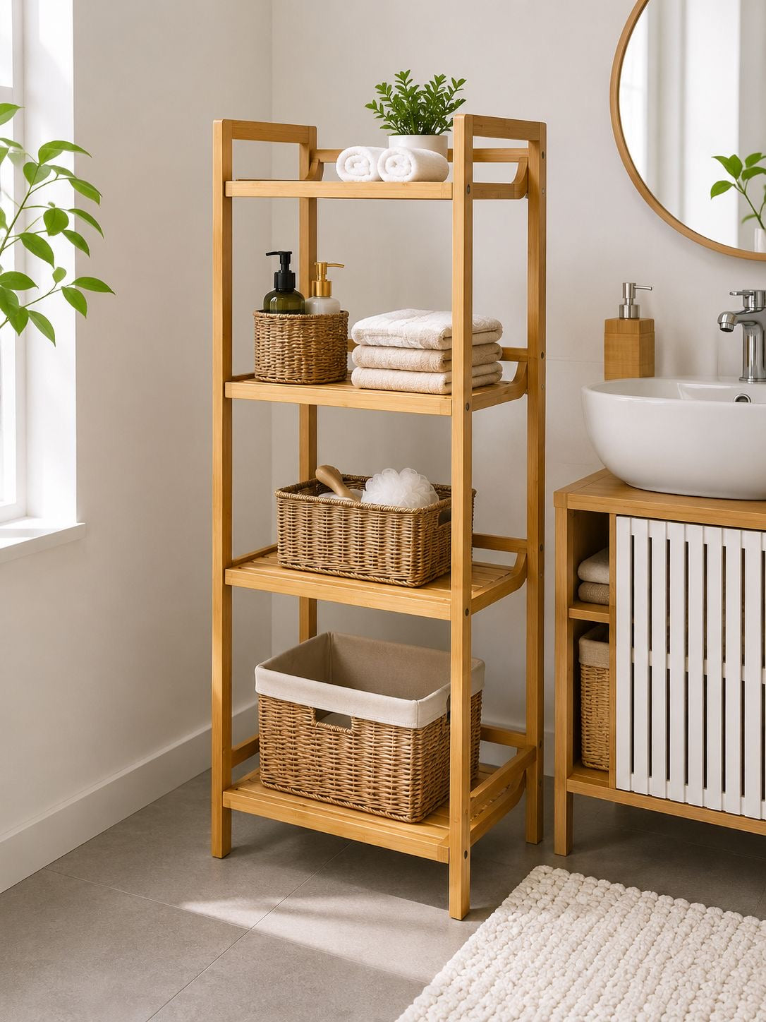 Bathlux 4 Tier Bathroom Rack, White Shelves on Bamboo Frame, 110cm Freestanding Shelf