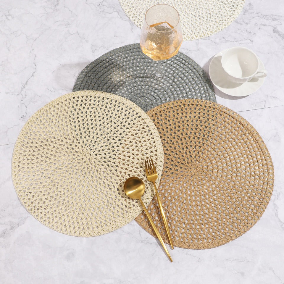 Linen Placemats Set, Round Woven Table Mats, 100% Linen Heat-Resistant Washable Dining Decor, Checkered Pattern for Home & Kitchen Use