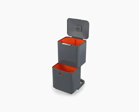 Joseph Joseph Totem Max 60L waste and recycling bin in grey, lid closed.