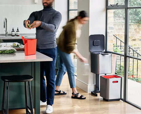 Totem Compact 40L stainless steel kitchen bin with the lid open showing both 20 litre compartments
