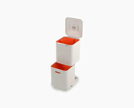 Joseph Joseph Totem Compact 40L waste and recycling bin in stone, lid closed.