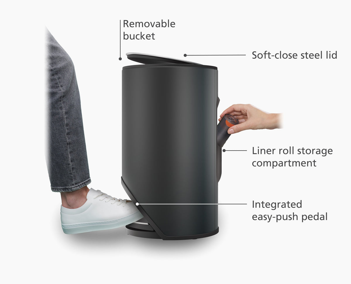 Joseph Joseph Arc 10L bin liner storage pocket on the reverse of the powder-coated body