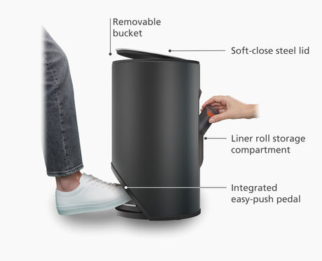 Joseph Joseph Arc 10L bin liner storage pocket on the reverse of the powder-coated body