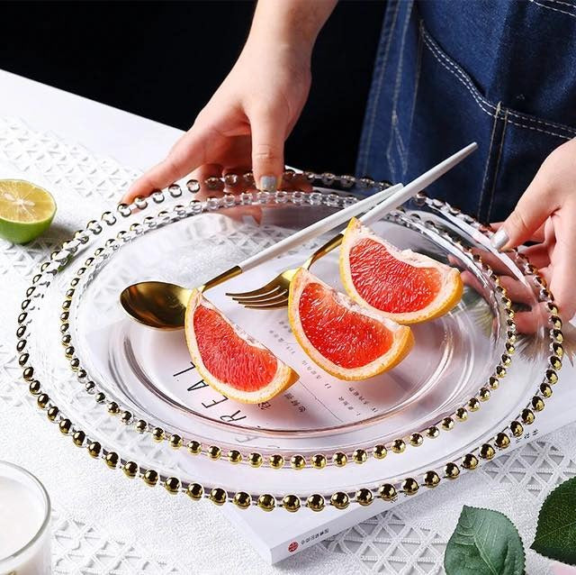 Clear Gold 13" Round Glass Charger Plates Scalloped Rim Party Events Tableware