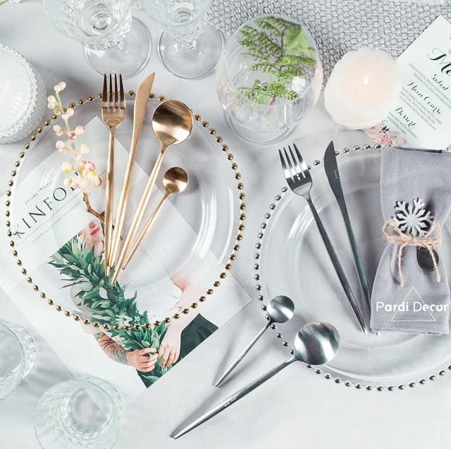 Clear Gold 13" Round Glass Charger Plates Scalloped Rim Party Events Tableware