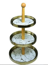 3 layer gold marble cake stand with bamboo