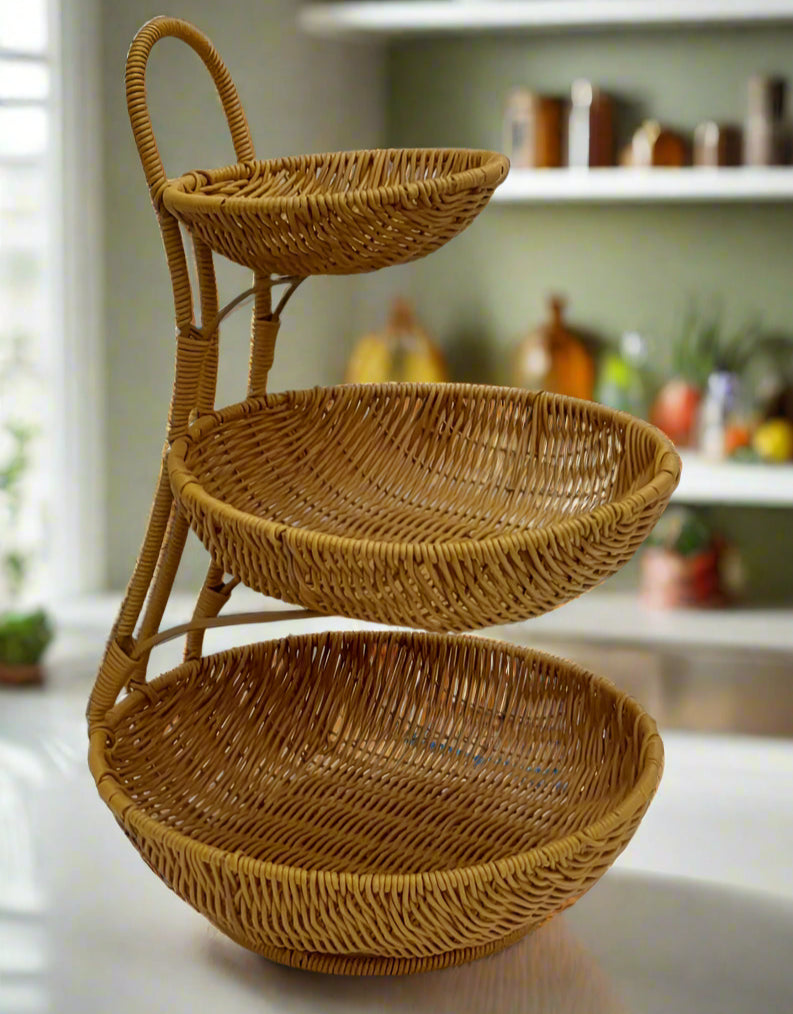 3-Tier Handmade Rattan Fruit Basket – Unique Natural Woven Fruit Rack for Kitchen, Dining Table & Countertop – Eco-Friendly Storage for Fruits, Vegetables, Snacks | Buy in Kenya
