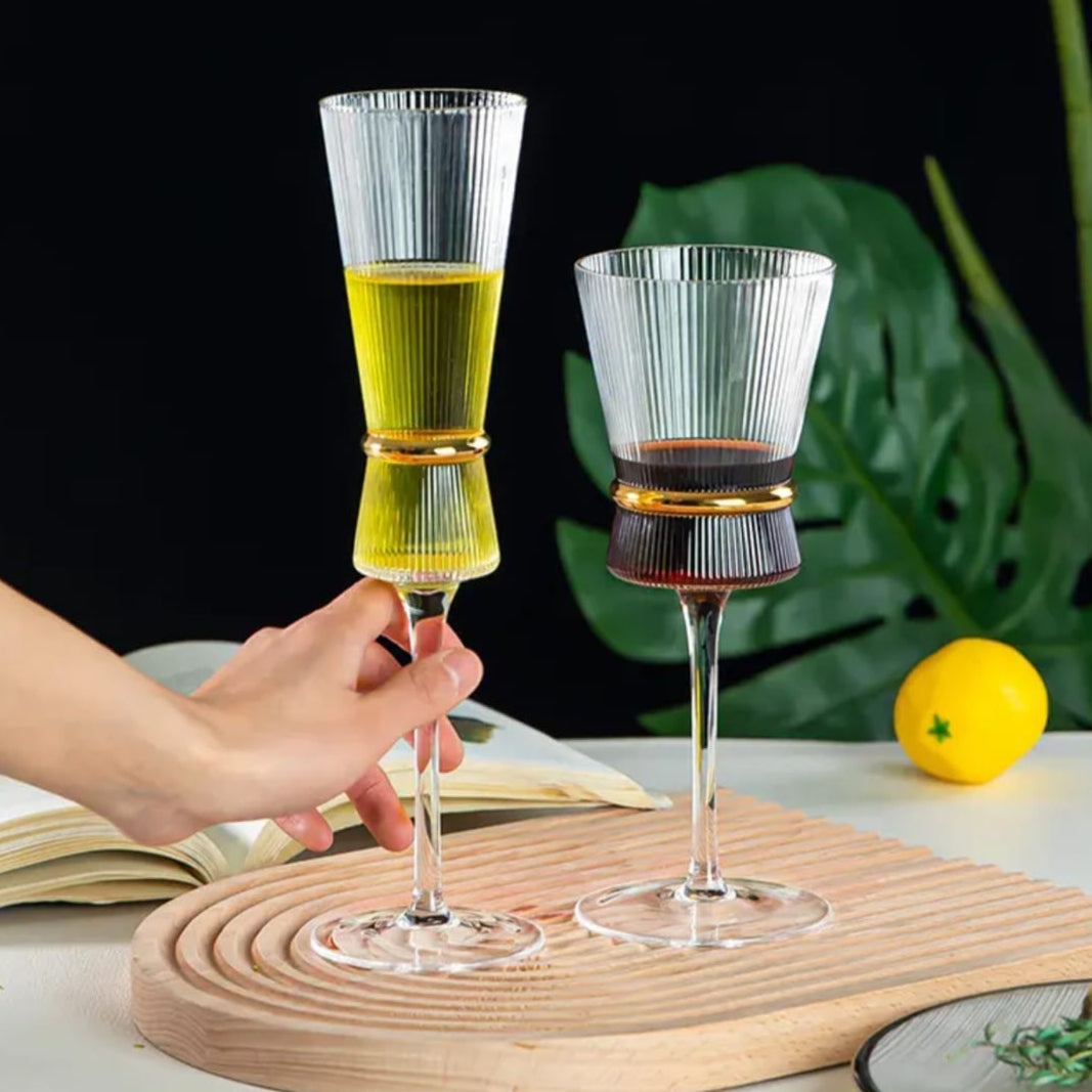 Luxury Style Ribbed Wine Glasses Lead-free Crystal Glass Gold Belt Striped Goblets Champagne Glasses 6pcs