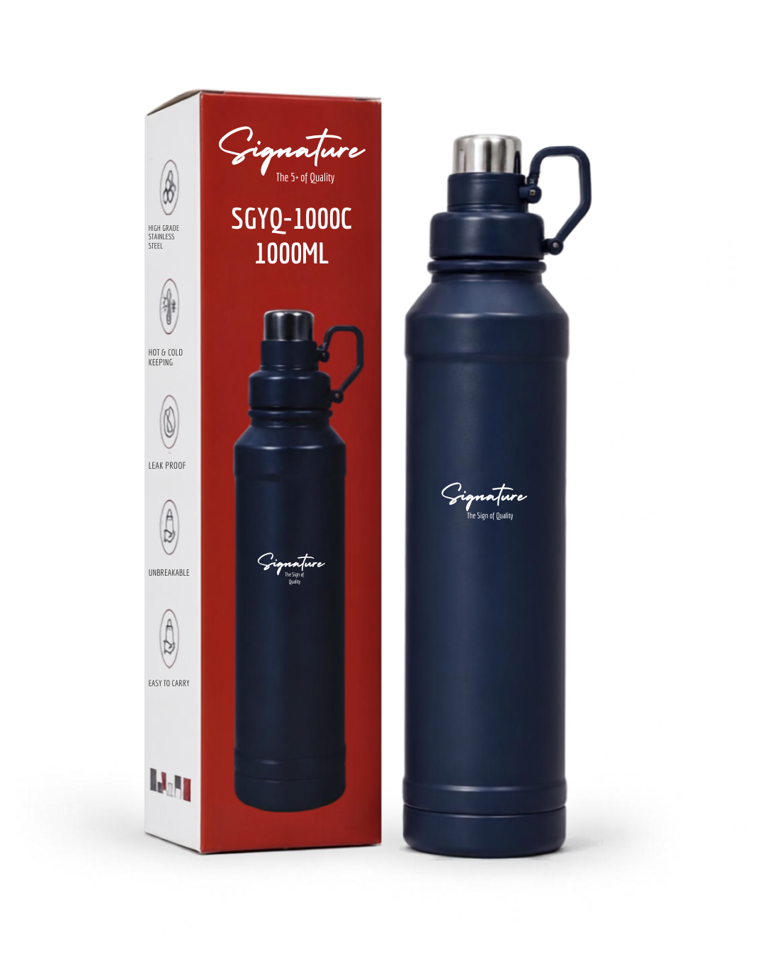Signature 1L Stainless Steel Vacuum Flask SGYQ-1000P, Leak-Proof Insulated Bottle with Handle