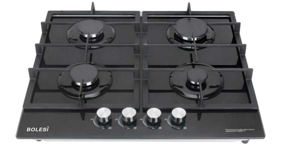 Bolesi H59-4006B Built-in Gas Hob 4 Burner Tempered Glass 60cm Kenya | Cast Iron Pan Supports, Auto Ignition, Flame Failure Safety, Black Glass