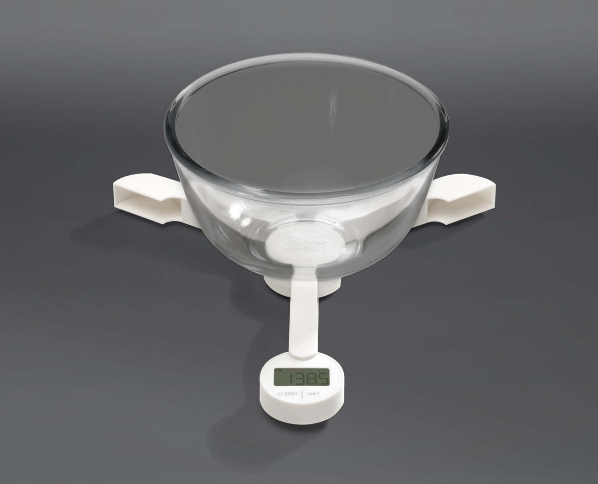 Overhead view of the white TriScale showing the weighing platform and arm design