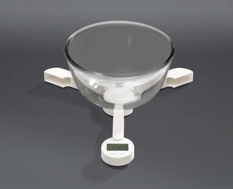 Overhead view of the white TriScale showing the weighing platform and arm design