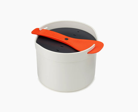 Joseph Joseph M-Cuisine microwave rice cooker assembled with the paddle locking the lid