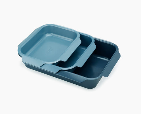 Joseph Joseph Nest Oven 3-piece roasting tray set in blue, nested together