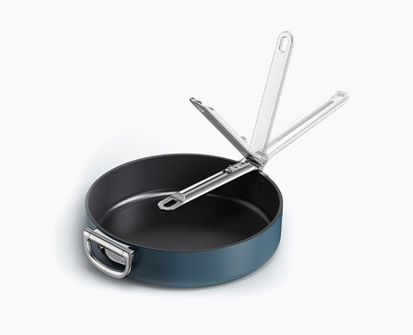 Joseph Joseph Space 28cm frying pan in midnight blue with the handle extended