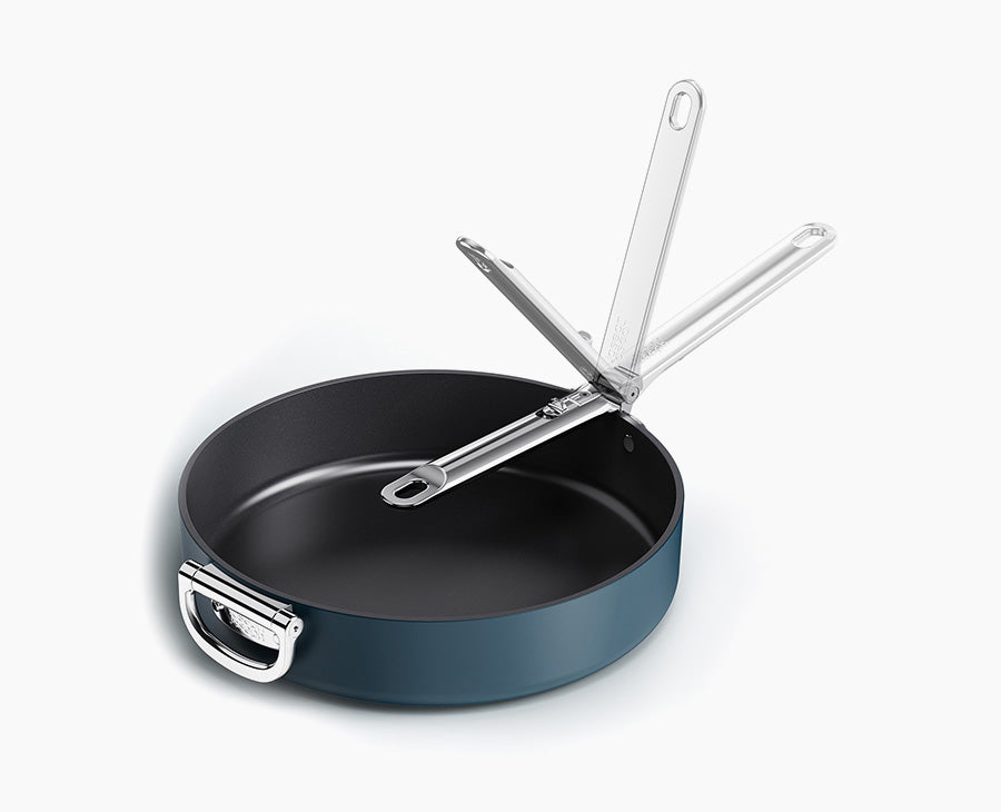 Joseph Joseph Space 30cm frying pan in midnight blue with the handle extended