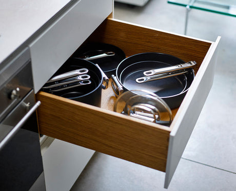 The 30cm pan with its folding stainless-steel handle closed against the body