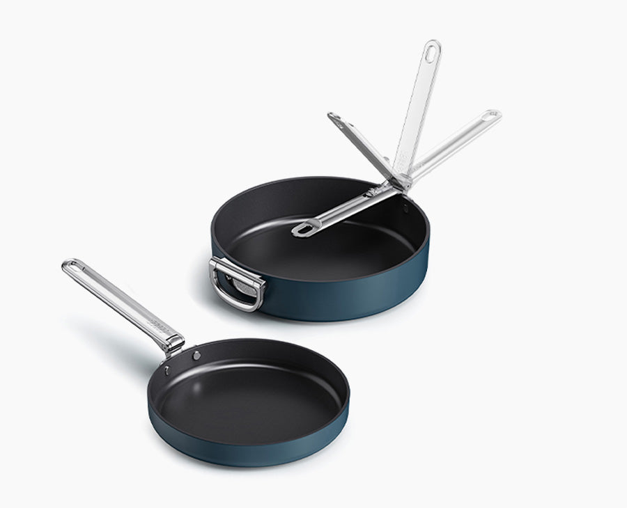 Joseph Joseph Space 2-piece frying pan set in midnight blue with both handles extended