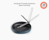 Close-up of the SwingLock folding handle on the smaller 24cm pan