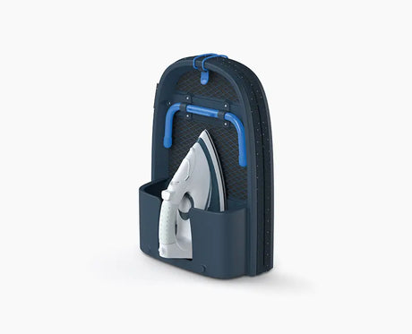 Joseph Joseph Pocket Plus folding ironing board in blue, open and ready to use.