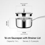 Stahl Artisan Triply Stainless Steel Saucepan with Dual Strainer Glass Lid | Easy Pour | Gas & Induction Friendly (16cm/1.5L)