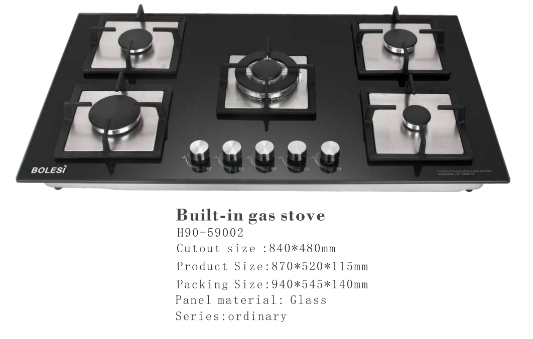 Bolesi HB-59002 Built-in Gas Hob 5 Burner Tempered Glass 90cm Kenya | Central Wok Burner, Flame Failure Safety, Pulse Ignition, Black Glass