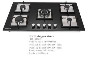 Bolesi HB-59002 Built-in Gas Hob 5 Burner Tempered Glass 90cm Kenya | Central Wok Burner, Flame Failure Safety, Pulse Ignition, Black Glass