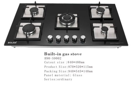 Bolesi HB-59002 Built-in Gas Hob 5 Burner Tempered Glass 90cm Kenya | Central Wok Burner, Flame Failure Safety, Pulse Ignition, Black Glass