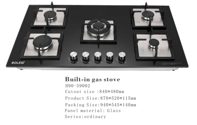 Bolesi HB-59002 Built-in Gas Hob 5 Burner Tempered Glass 90cm Kenya | Central Wok Burner, Flame Failure Safety, Pulse Ignition, Black Glass