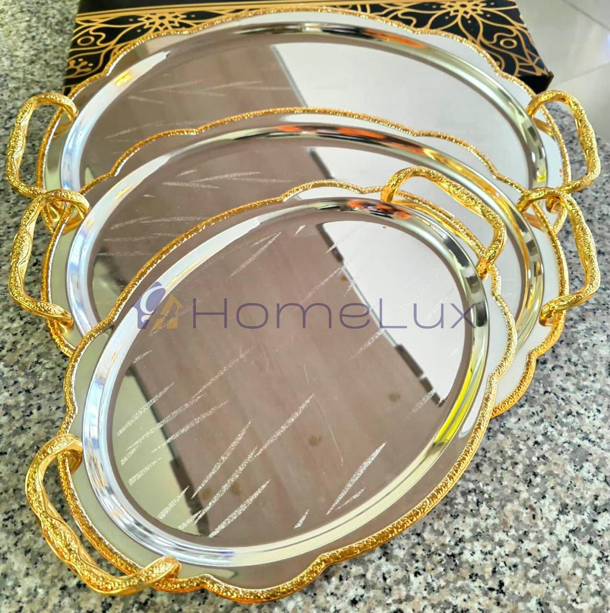 Luxury Serving Tray Set 3 Pieces Iron Steel Serving Tray Set Full Nickel With Gold Handle